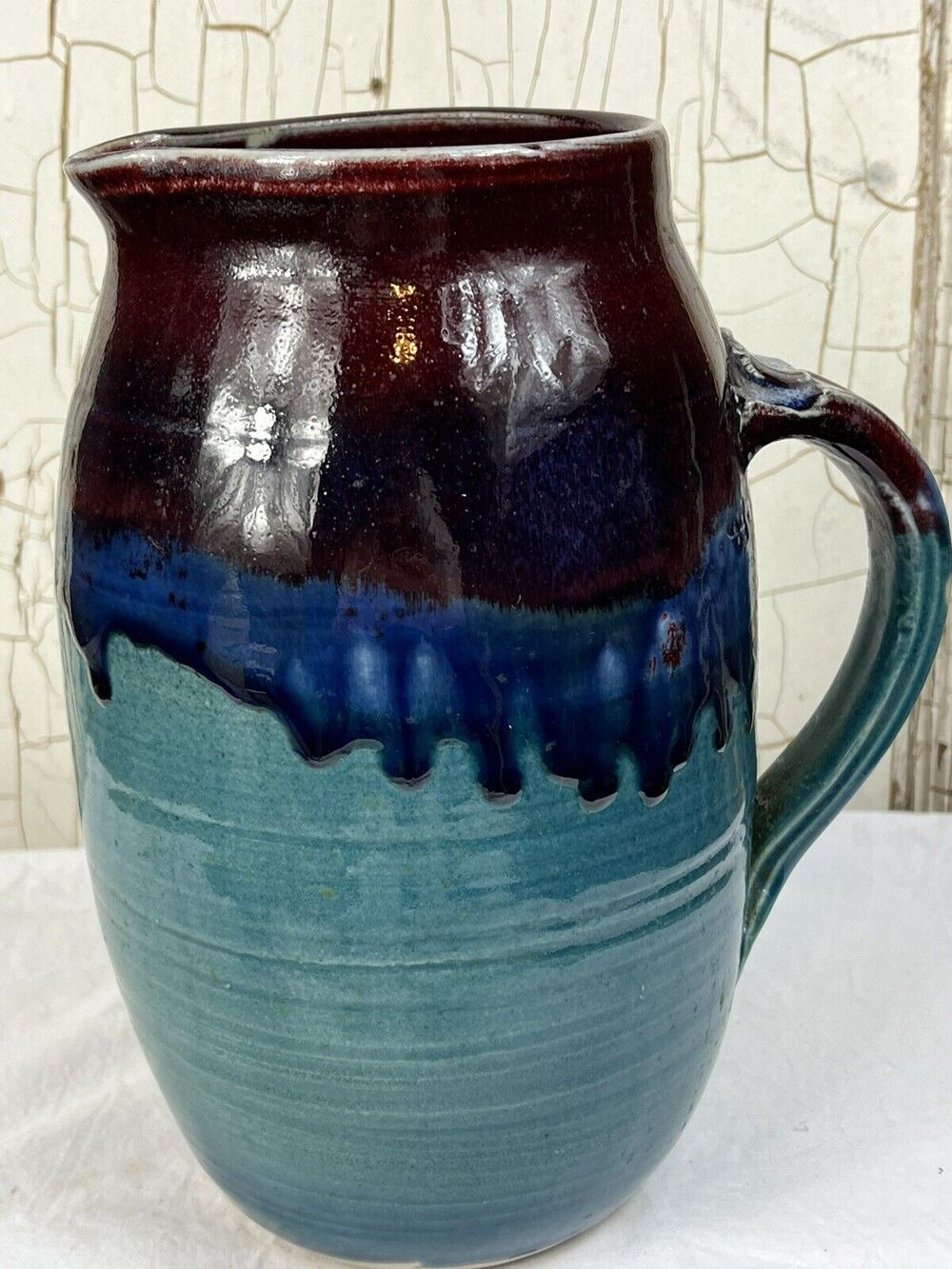 Joe Frank McKee Pottery Jug Jar Hand Thrown 9” Glazed Purple Blues Greens Art